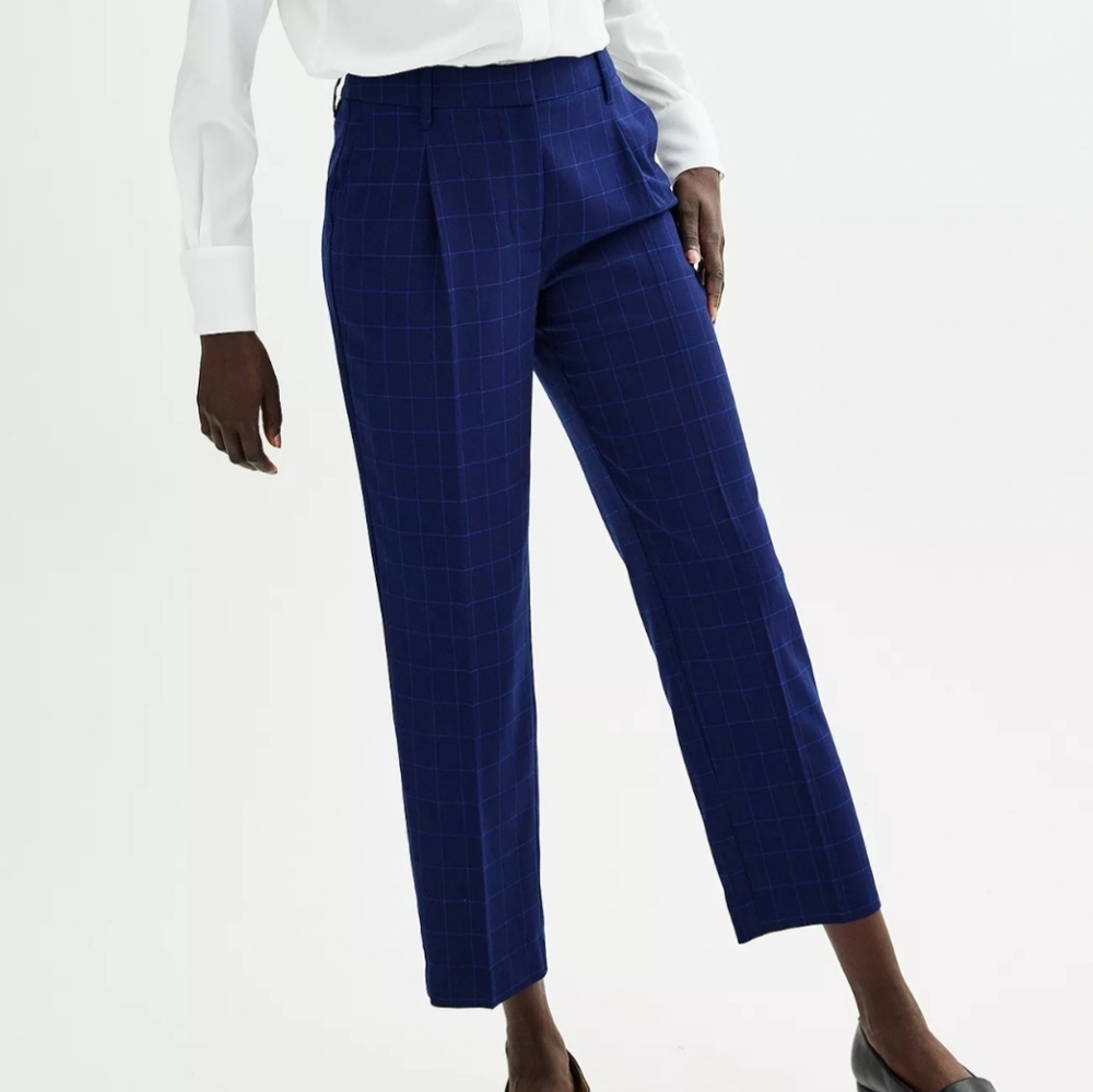 Nine West-Navy Checkered Pants Straight Leg High Rise Size 2